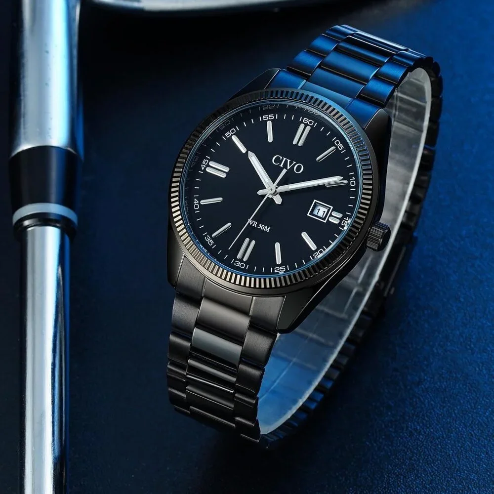 Men's Black Stainless Steel Hook Buckle Analog Comfortable Stylish Wrist Watch